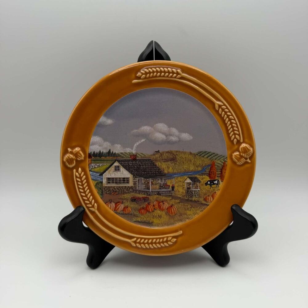 Vintage Russ Berrie Pumpkin Farm Hand-Painted Ceramic Plate Rustic Autumn Farm